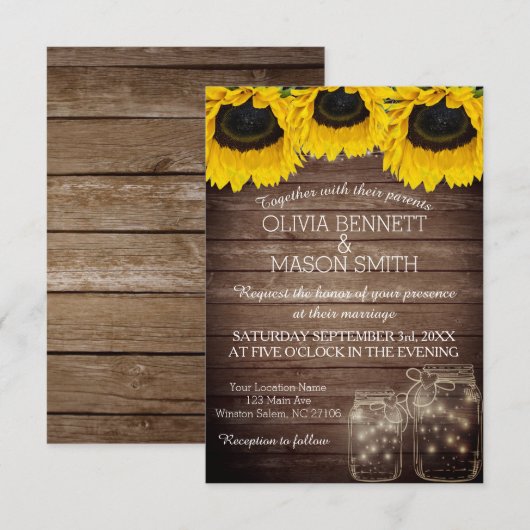 Sunflower Rustic Mason Jar lit Wedding Invitation Kaart (Voorkant / Achterkant)