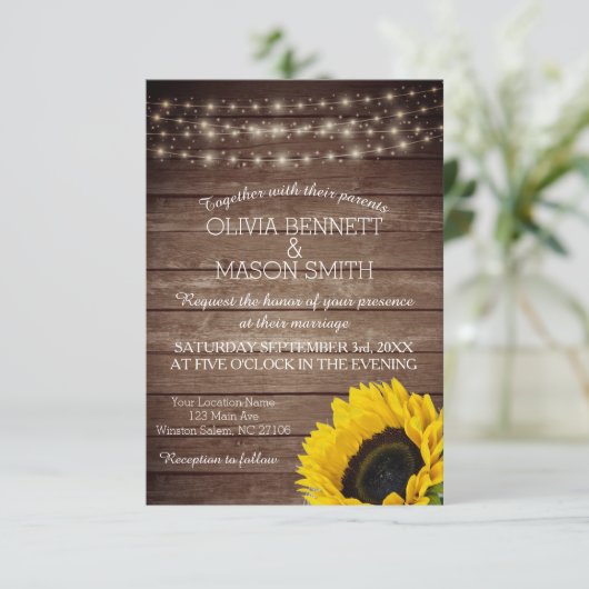 Sunflower Rustic Mason Jar lit Wedding Invitation Kaart (Staand voorkant)