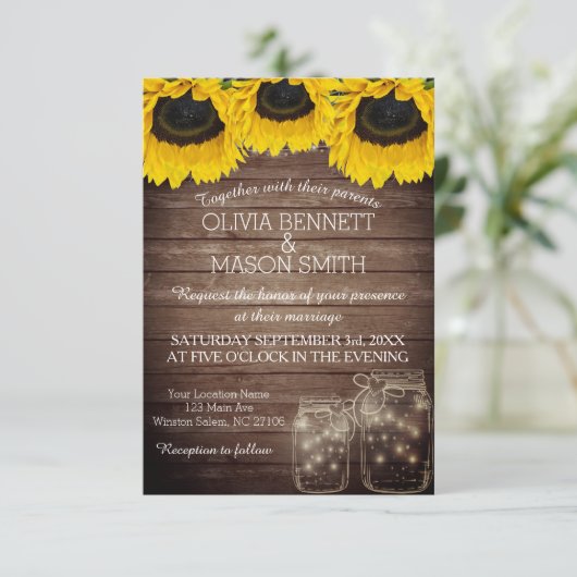 Sunflower Rustic Mason Jar lit Wedding Invitation Kaart (Staand voorkant)