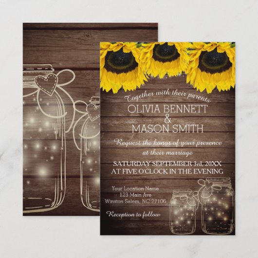 Sunflower Rustic Mason Jar lit Wedding Invitation Kaart (Voorkant / Achterkant)