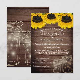 Sunflower Rustic Mason Jar lit Wedding Invitation Kaart