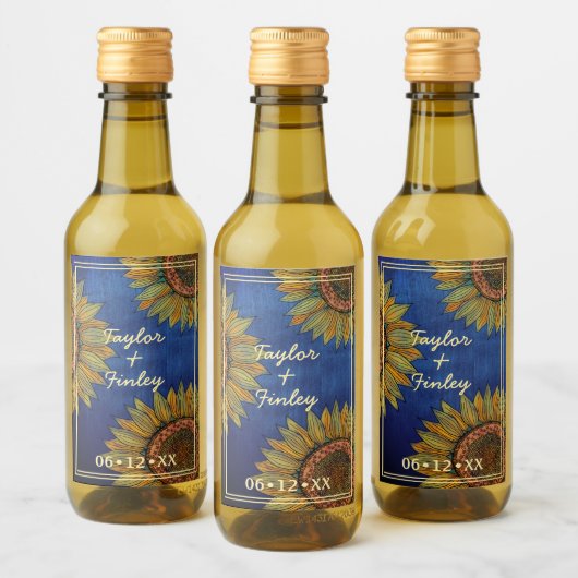 Sunflower Rustic Navy Blue Personalized Wedding Wijn Etiket (Flessen)