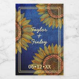 Sunflower Rustic Navy Blue Personalized Wedding Wijn Etiket