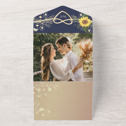 Sunflower Rustic Navy Blue Wedding All In One Uitnodiging (Buitenkant)