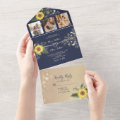 Sunflower Rustic Navy Blue Wedding All In One Uitnodiging (Afscheurbaar)