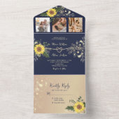 Sunflower Rustic Navy Blue Wedding All In One Uitnodiging (Binnen)