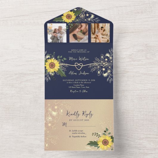 Sunflower Rustic Navy Blue Wedding All In One Uitnodiging (Binnen)