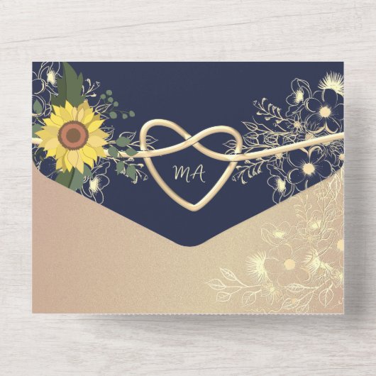 Sunflower Rustic Navy Blue Wedding All In One Uitnodiging (Achterkant)