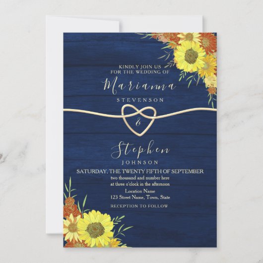 Sunflower Rustic Navy Blue Wedding Kaart (Voorkant)