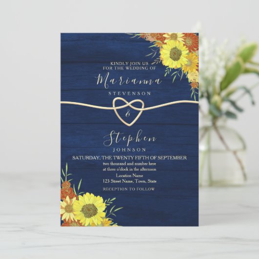 Sunflower Rustic Navy Blue Wedding Kaart (Staand voorkant)