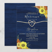 Sunflower Rustic Navy Blue Wedding Kaart (Voorkant / Achterkant)