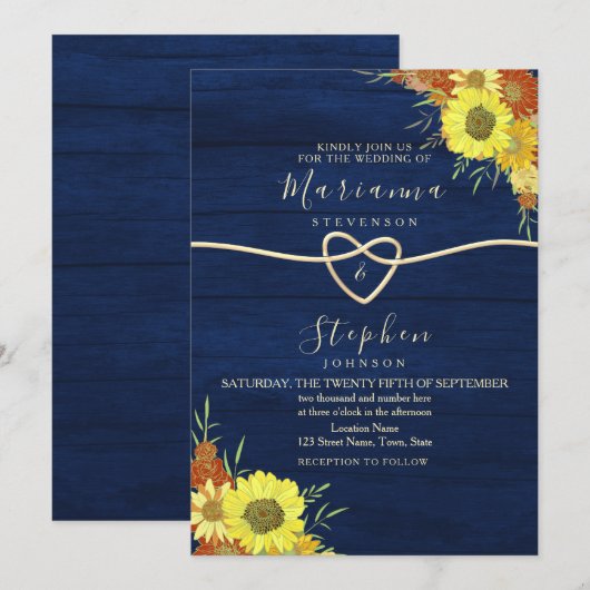 Sunflower Rustic Navy Blue Wedding Kaart (Voorkant / Achterkant)