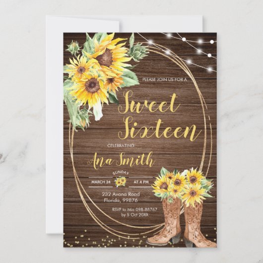 Sunflower Rustic String Light Birthday Party Kaart (Voorkant)