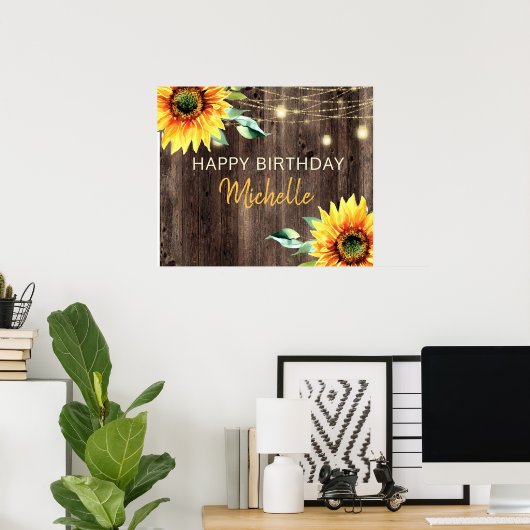 Sunflower Rustic String Lights Happy Birthday Poster (Thuiskantoor)