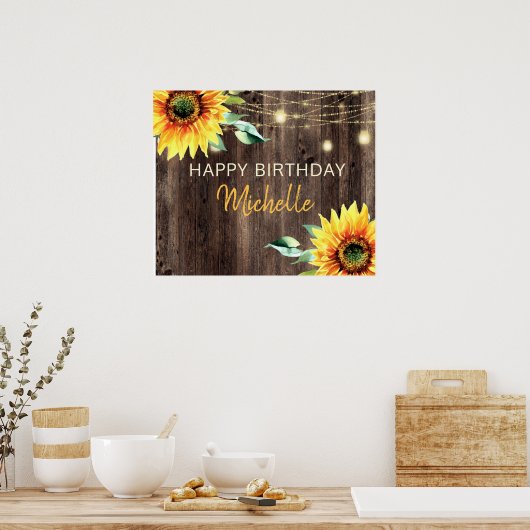 Sunflower Rustic String Lights Happy Birthday Poster (Keuken)