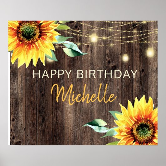 Sunflower Rustic String Lights Happy Birthday Poster (Voorkant)