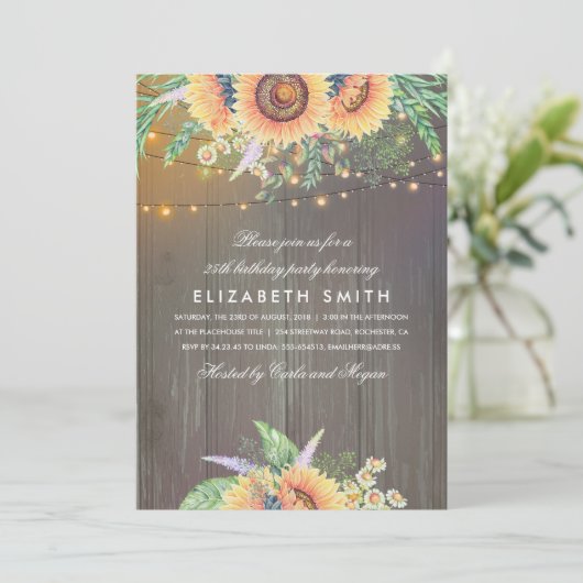 Sunflower Rustic String Lights Wood Verjaardagsfee Kaart (Staand voorkant)