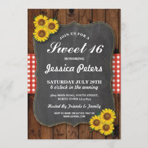 Sunflower Rustic Sweet 16 Party Chalk Wood Invite Kaart