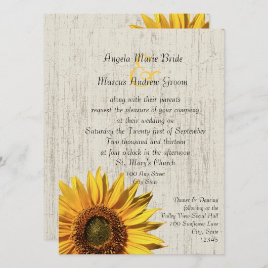 Sunflower Rustic Wedding Kaart (Voorkant / Achterkant)
