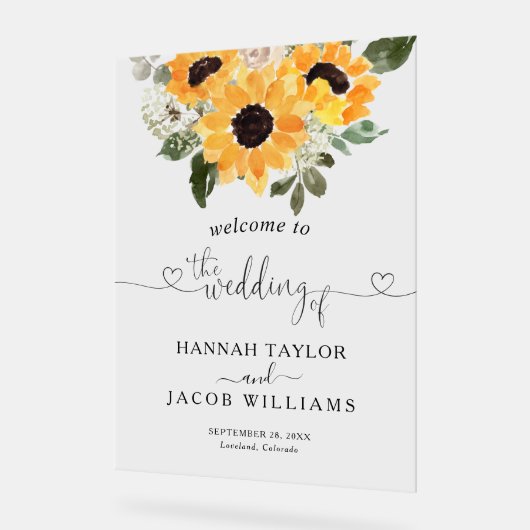 Sunflower Rustic Wedding Welkom Acryl Bord (Hoek)