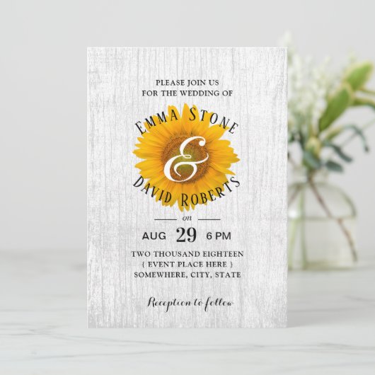 Sunflower Rustic White Barn Wood Wedding Kaart (Staand voorkant)