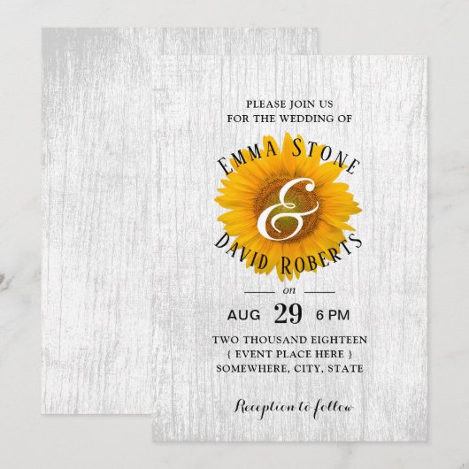 Sunflower Rustic White Barn Wood Wedding Kaart (Voorkant / Achterkant)