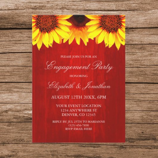 Sunflower Rustic Wood Engagement Party Kaart