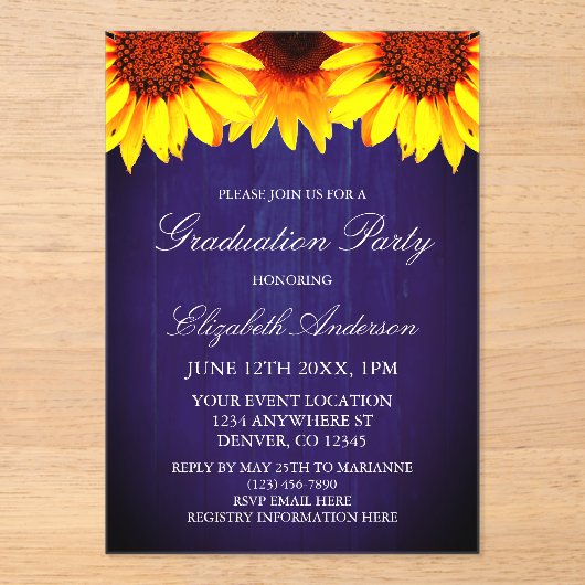 Sunflower Rustic Wood Graduation Party Acryl Uitnodigingen (Voorkant)