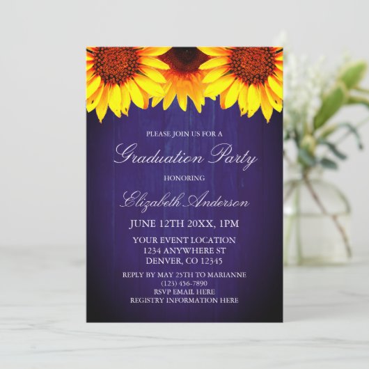 Sunflower Rustic Wood Graduation Party Kaart (Staand voorkant)