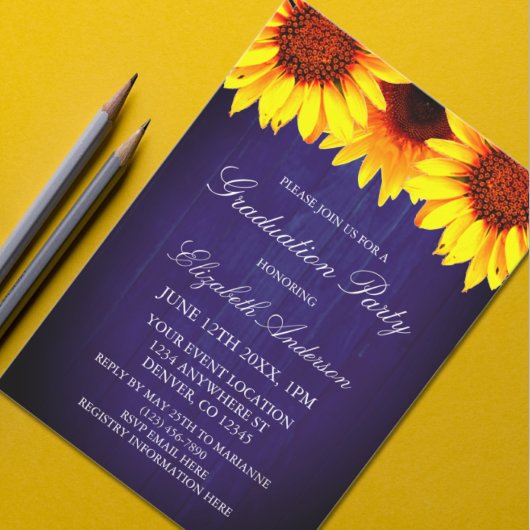Sunflower Rustic Wood Graduation Party Kaart