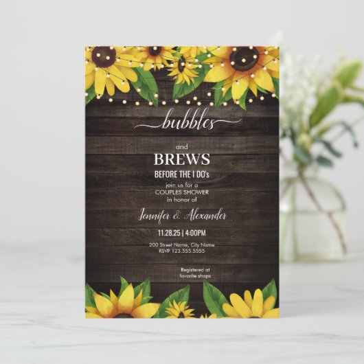 Sunflower Rustic Wood String Engagement Party Kaart (Staand voorkant)
