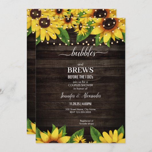 Sunflower Rustic Wood String Engagement Party Kaart (Voorkant / Achterkant)