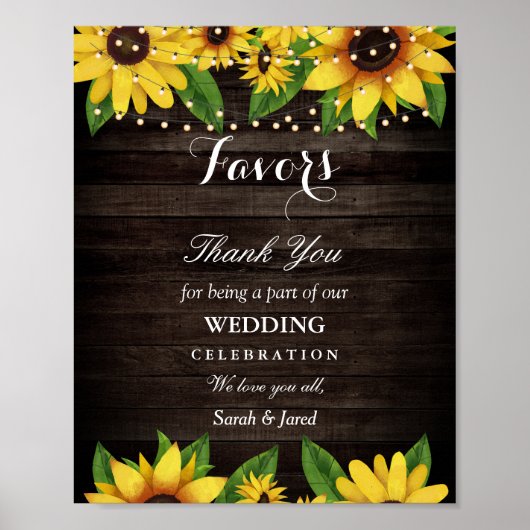 Sunflower Rustic Wood String Lights Wedding Favors Poster (Voorkant)