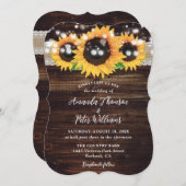 Sunflower Rustic Wood String Lights Wedding Kaart (Voorkant / Achterkant)