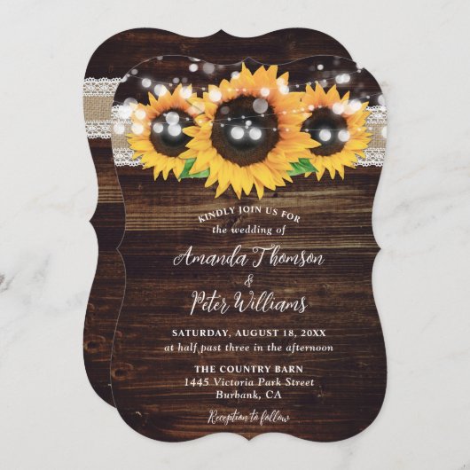 Sunflower Rustic Wood String Lights Wedding Kaart (Voorkant / Achterkant)