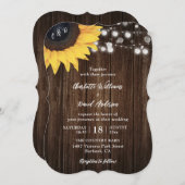 Sunflower Rustic Wood String Lights Wedding Kaart (Voorkant / Achterkant)