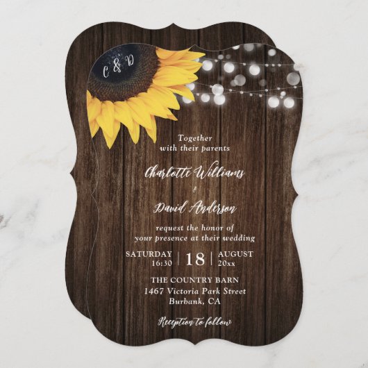 Sunflower Rustic Wood String Lights Wedding Kaart (Voorkant / Achterkant)