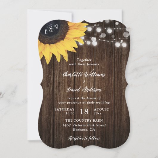 Sunflower Rustic Wood String Lights Wedding Kaart (Voorkant)