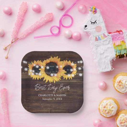 Sunflower Rustic Wood String Lights Wedding Papieren Bordje (Feest)