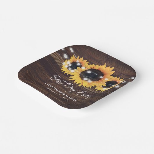 Sunflower Rustic Wood String Lights Wedding Papieren Bordje (Gebogen)