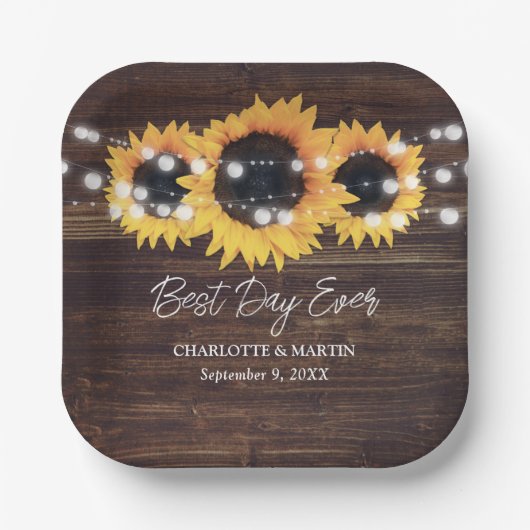 Sunflower Rustic Wood String Lights Wedding Papieren Bordje (Voorkant)