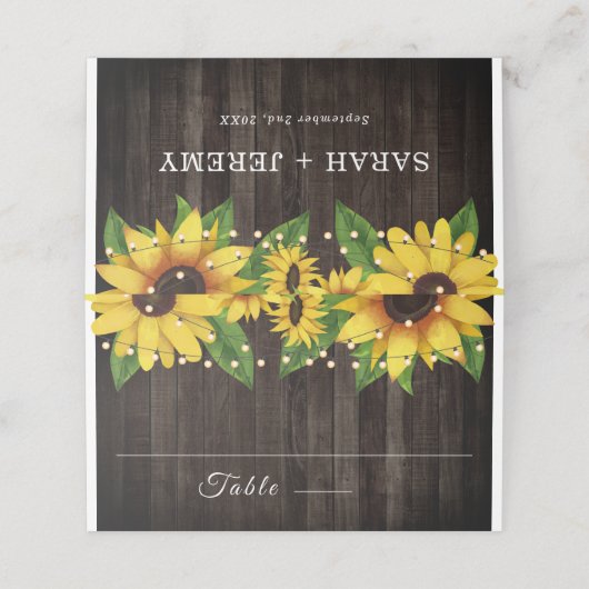 Sunflower Rustic Wood String Lights Wedding Plaatskaartje (Buitenkant ongevouwen)