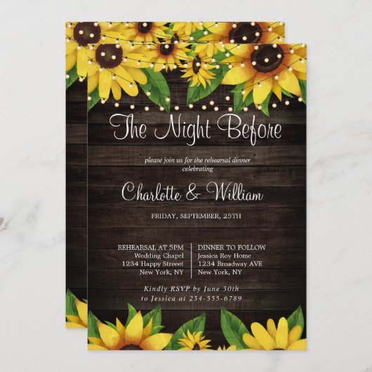 Sunflower Rustic Wood String Rehearsal Dinner Kaart (Voorkant / Achterkant)
