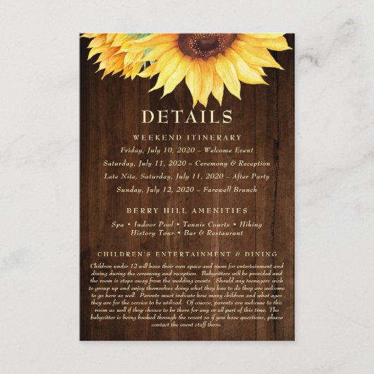 Sunflower Rustic Wood Waterverf Weekend Details Informatiekaartje (Voorkant)