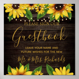 Sunflower Rustic Wood Wedding Guestbook Poster
