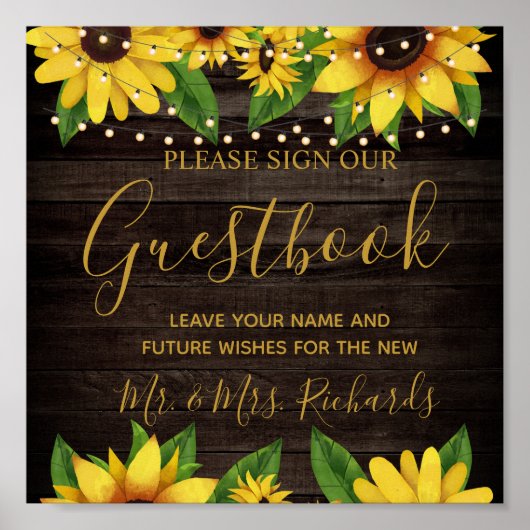 Sunflower Rustic Wood Wedding Guestbook Poster (Voorkant)