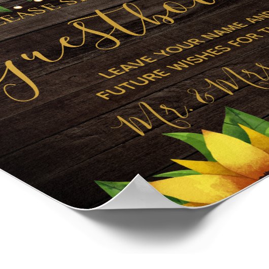 Sunflower Rustic Wood Wedding Guestbook Poster (Hoek)