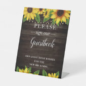 Sunflower Rustic Wood Wedding Guestbook Reclamebord Met Voetstuk (Voorkant)