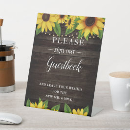 Sunflower Rustic Wood Wedding Guestbook Reclamebord Met Voetstuk