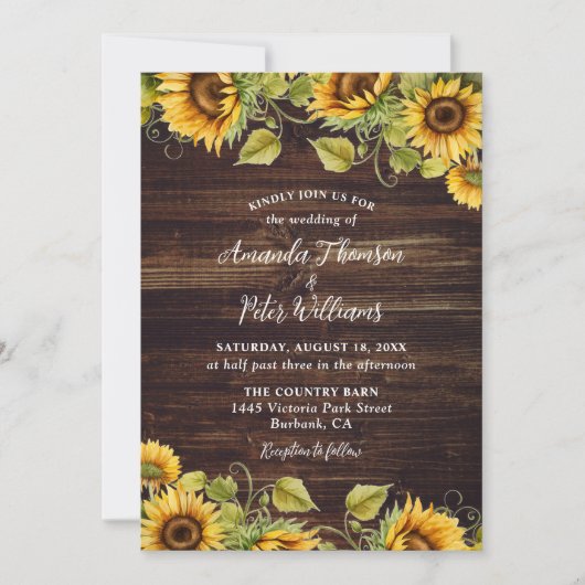 Sunflower Rustic Wood Wedding Kaart (Voorkant)